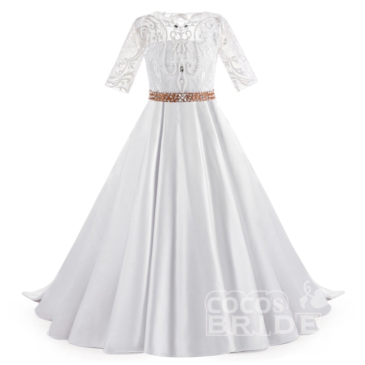 Lace Trumpet Flower Girls Dress with 1/2 Sleeves White Scoop Neck