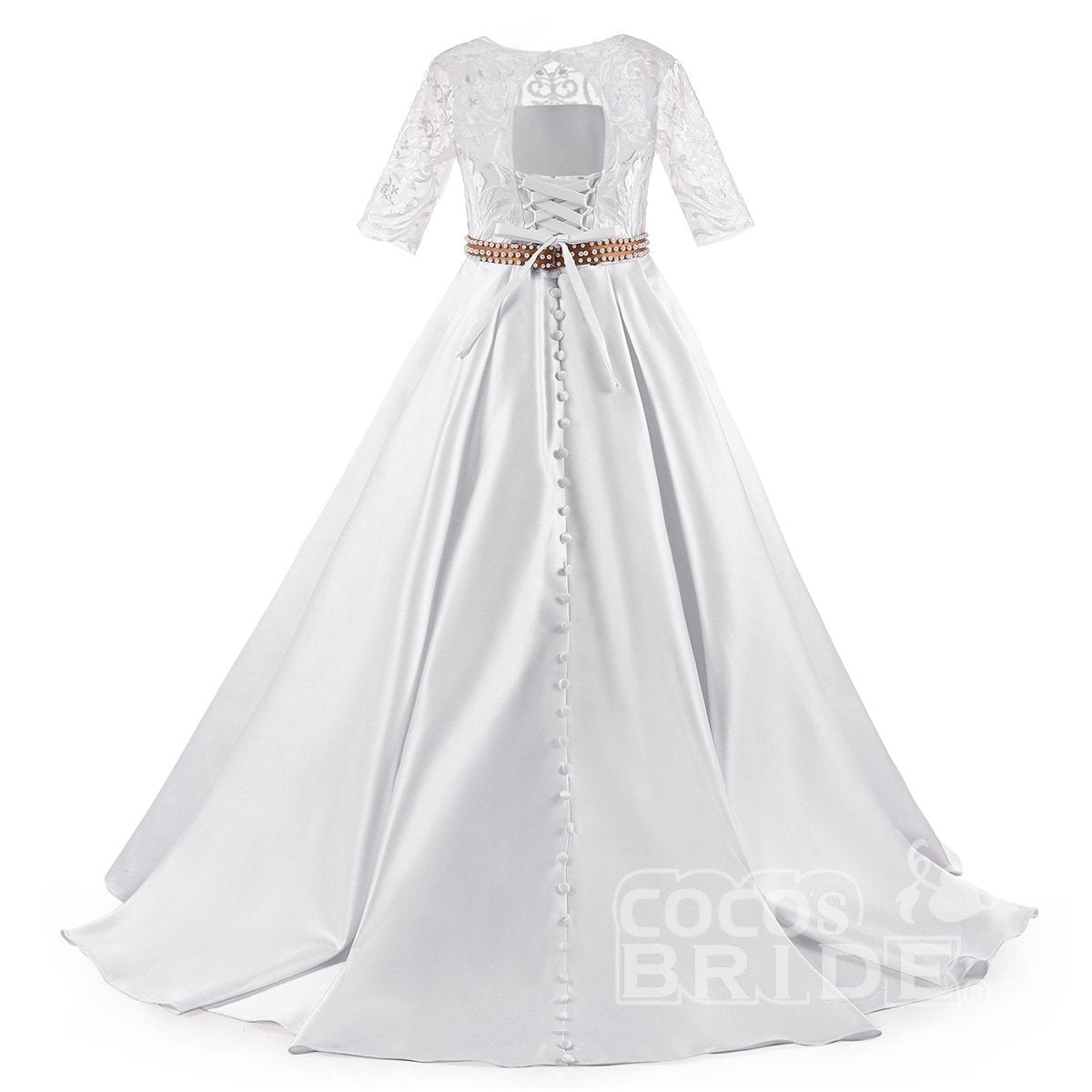 Lace Trumpet Flower Girls Dress with 1/2 Sleeves White Scoop Neck