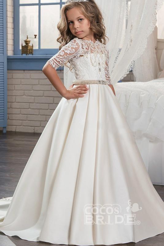 Lace Trumpet Flower Girls Dress with 1/2 Sleeves White Scoop Neck