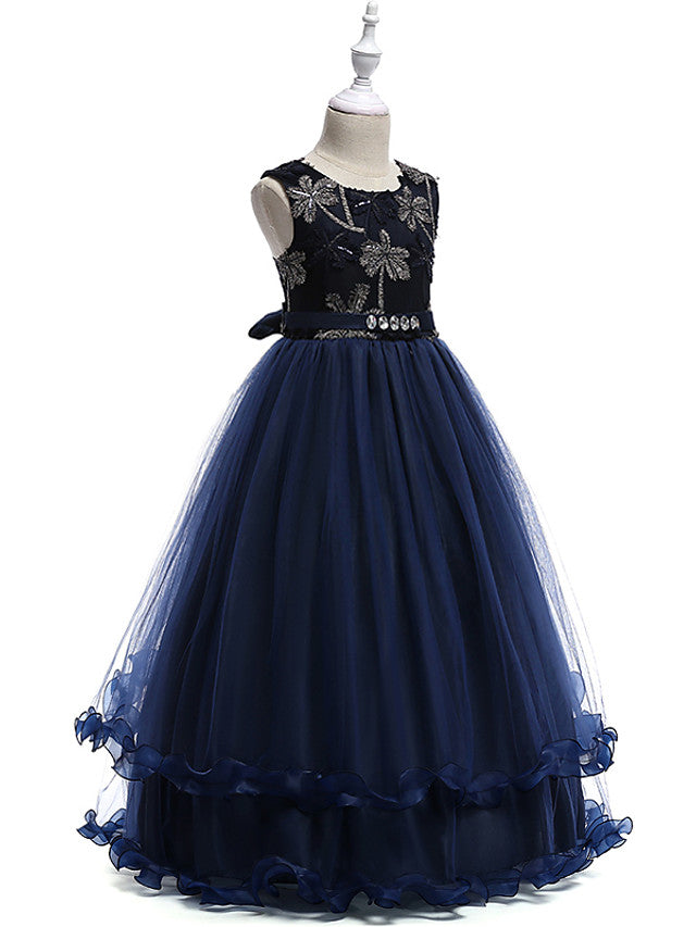 Lace Tulle Sleeveless Jewel Flower Girl Dress with Crystals