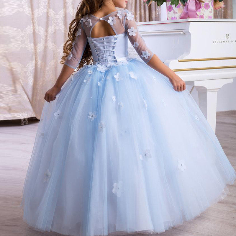Light Blue Ball Gown Flower Girls Dress with Scoop Neck 3/4 Sleeves