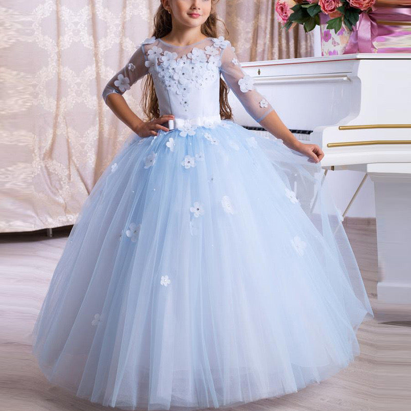 Light Blue Ball Gown Flower Girls Dress with Scoop Neck 3/4 Sleeves
