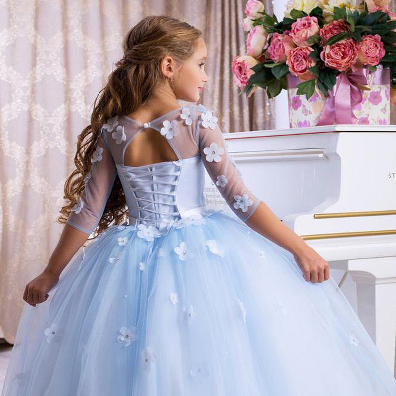 Light Blue Ball Gown Flower Girls Dress with Scoop Neck 3/4 Sleeves