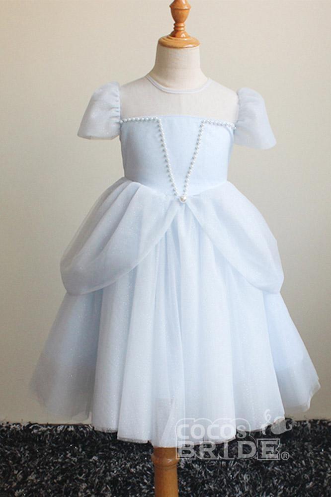 Light Blue Short Sleeves Ball Gown Dress with Scoop Neck