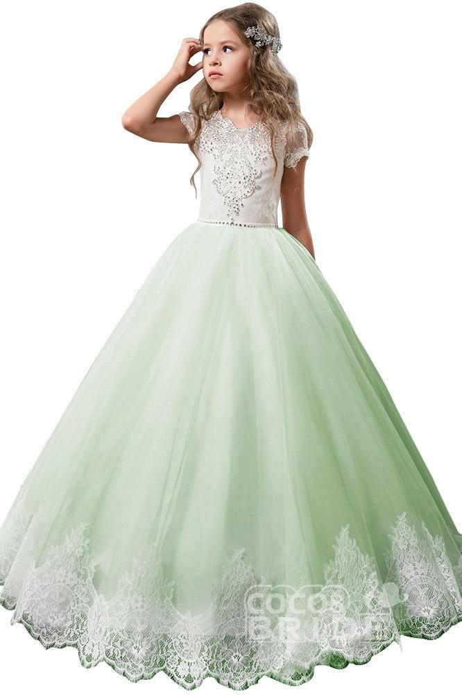 Light Pink Short Sleeve Scoop Neck Ball Gown Flower Girls Dress
