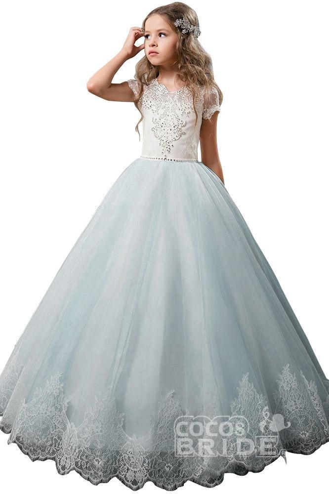 Light Pink Short Sleeve Scoop Neck Ball Gown Flower Girls Dress