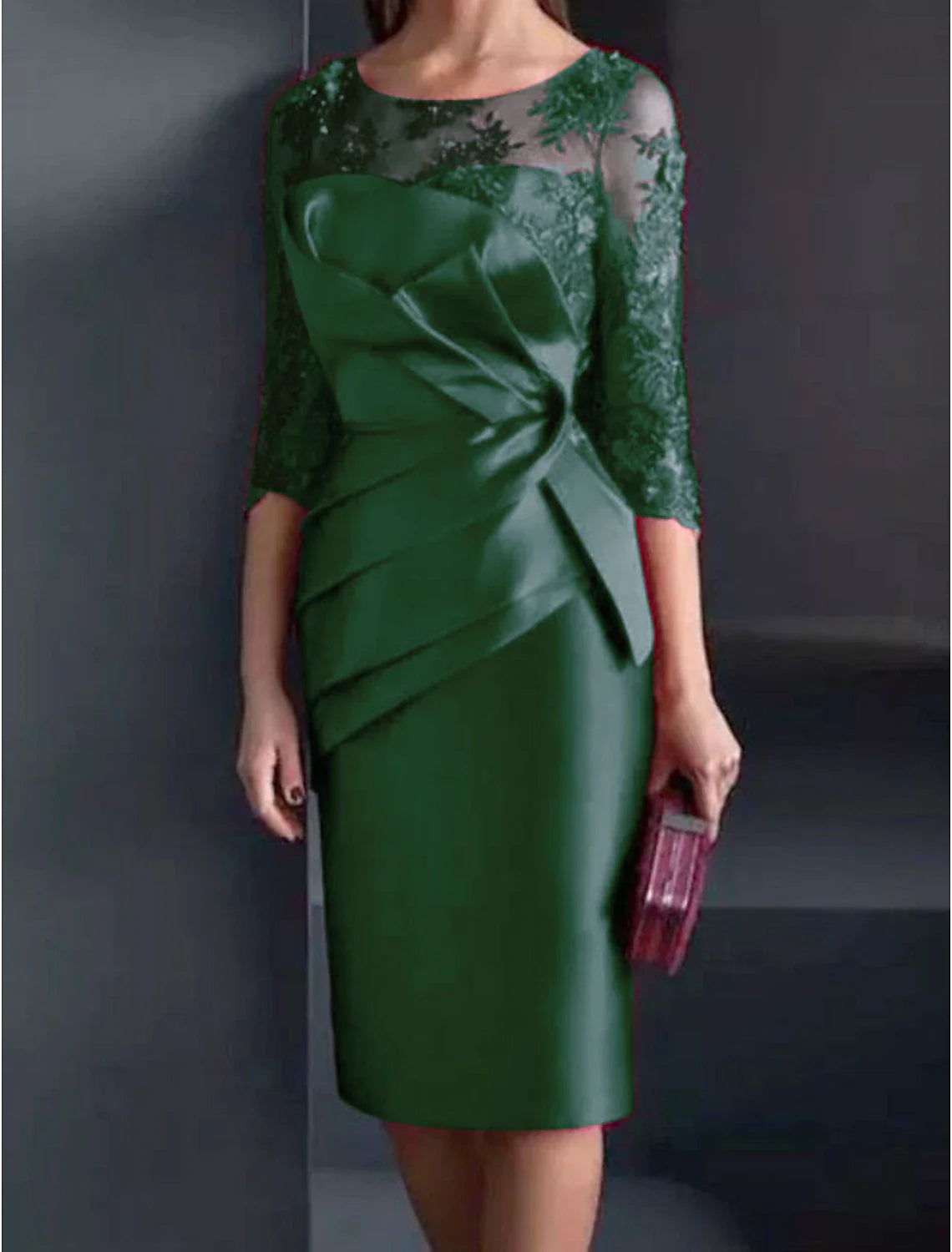 Sheath / Column Mother of the Bride Dress Wedding Guest Elegant Illusion Neck Knee Length Satin Lace 3/4 Length Sleeve with Appliques Ruching