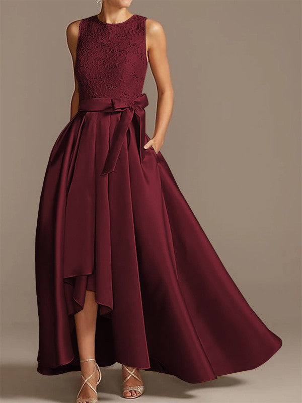 Noble A-shaped Princess Satin Belt, Ribbon Belt Applique Low Round Sleeveless Asymmetric Bride Mother of the Bride Dresses