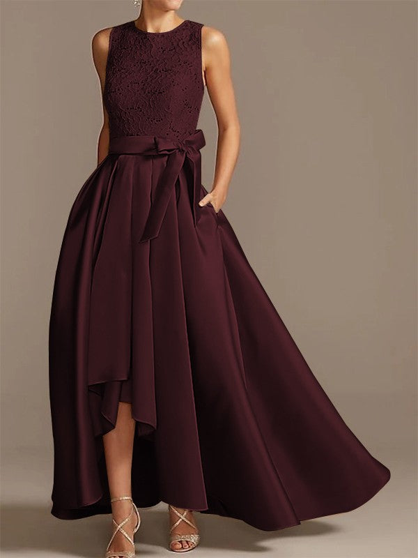 Noble A-shaped Princess Satin Belt, Ribbon Belt Applique Low Round Sleeveless Asymmetric Bride Mother of the Bride Dresses