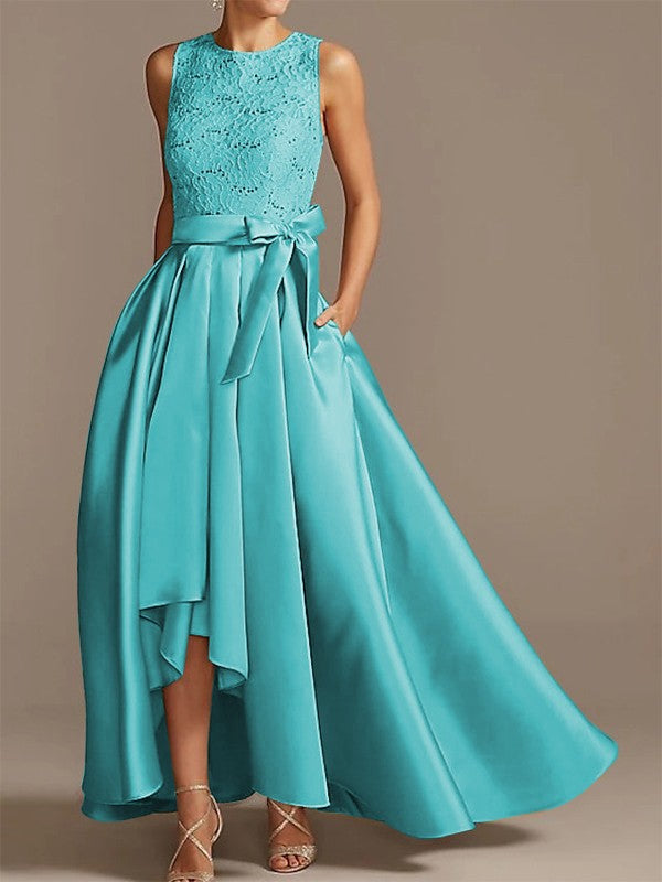 Noble A-shaped Princess Satin Belt, Ribbon Belt Applique Low Round Sleeveless Asymmetric Bride Mother of the Bride Dresses