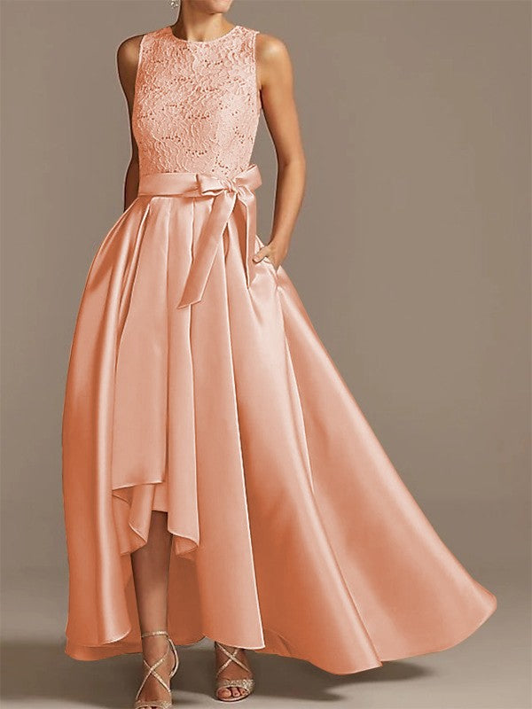 Noble A-shaped Princess Satin Belt, Ribbon Belt Applique Low Round Sleeveless Asymmetric Bride Mother of the Bride Dresses