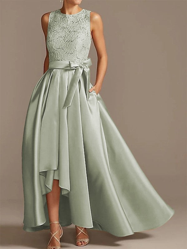 Noble A-shaped Princess Satin Belt, Ribbon Belt Applique Low Round Sleeveless Asymmetric Bride Mother of the Bride Dresses