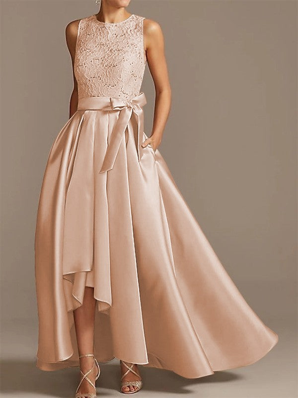 Noble A-shaped Princess Satin Belt, Ribbon Belt Applique Low Round Sleeveless Asymmetric Bride Mother of the Bride Dresses