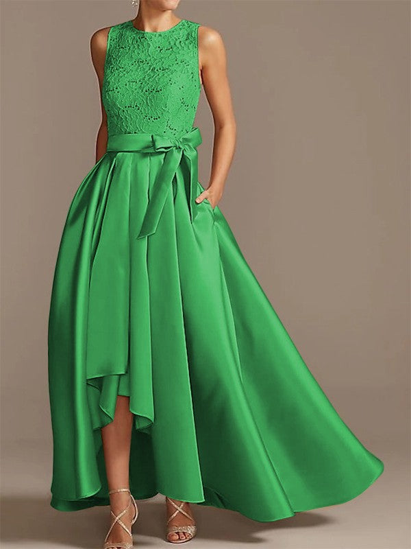 Noble A-shaped Princess Satin Belt, Ribbon Belt Applique Low Round Sleeveless Asymmetric Bride Mother of the Bride Dresses