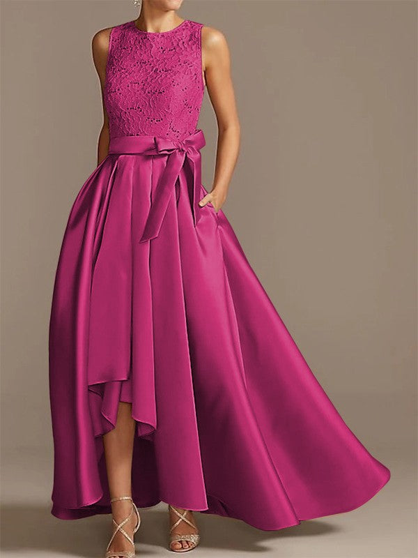 Noble A-shaped Princess Satin Belt, Ribbon Belt Applique Low Round Sleeveless Asymmetric Bride Mother of the Bride Dresses