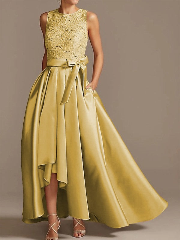 Noble A-shaped Princess Satin Belt, Ribbon Belt Applique Low Round Sleeveless Asymmetric Bride Mother of the Bride Dresses