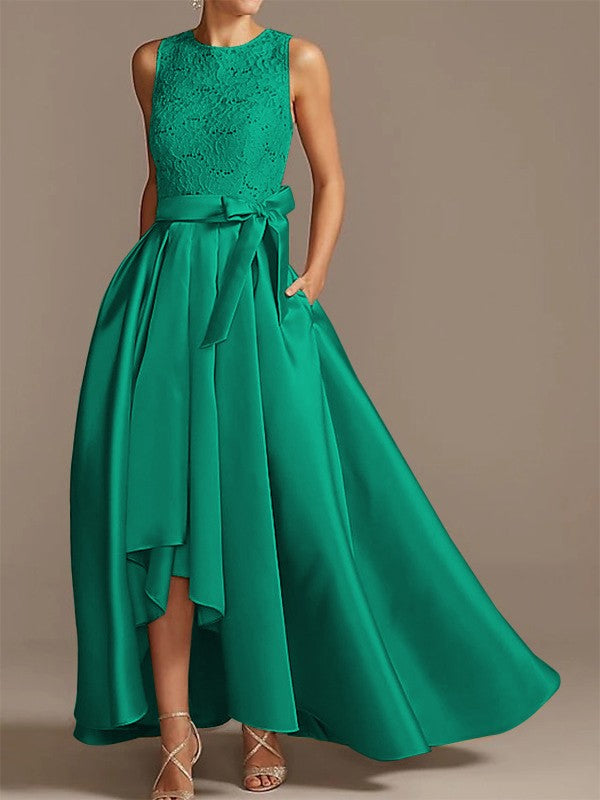 Noble A-shaped Princess Satin Belt, Ribbon Belt Applique Low Round Sleeveless Asymmetric Bride Mother of the Bride Dresses