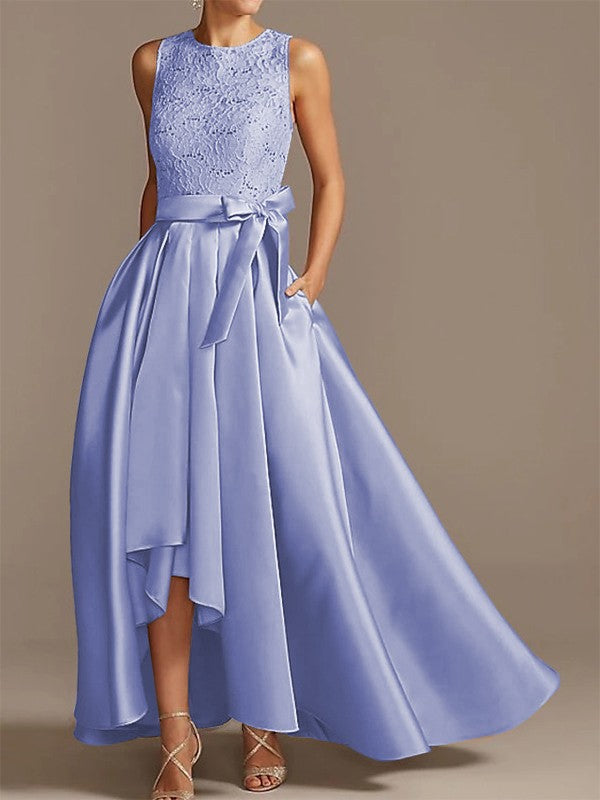 Noble A-shaped Princess Satin Belt, Ribbon Belt Applique Low Round Sleeveless Asymmetric Bride Mother of the Bride Dresses