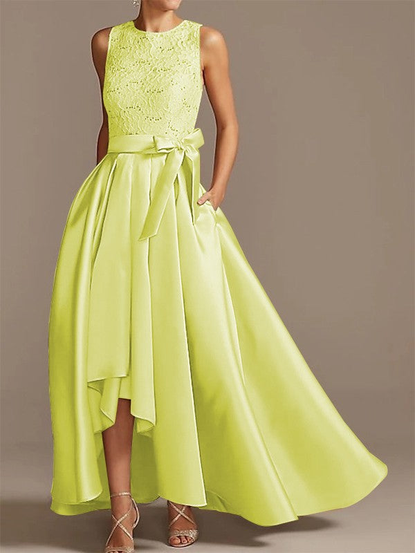 Noble A-shaped Princess Satin Belt, Ribbon Belt Applique Low Round Sleeveless Asymmetric Bride Mother of the Bride Dresses