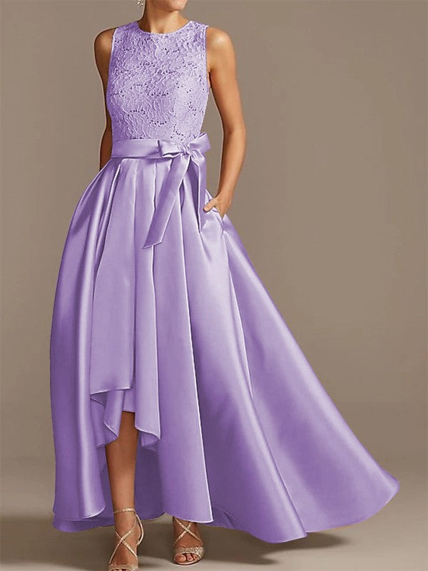 Noble A-shaped Princess Satin Belt, Ribbon Belt Applique Low Round Sleeveless Asymmetric Bride Mother of the Bride Dresses