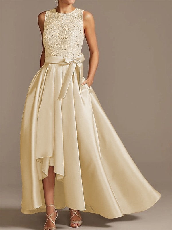 Noble A-shaped Princess Satin Belt, Ribbon Belt Applique Low Round Sleeveless Asymmetric Bride Mother of the Bride Dresses