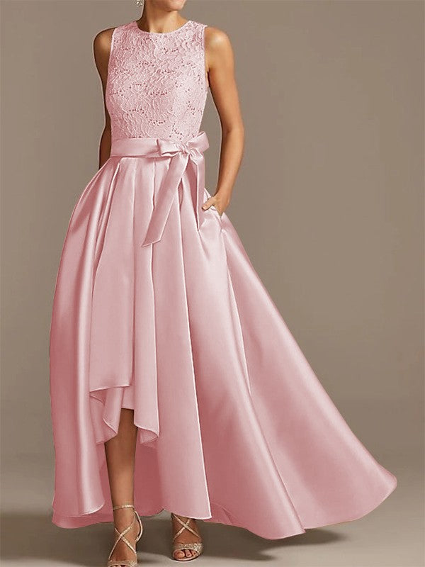 Noble A-shaped Princess Satin Belt, Ribbon Belt Applique Low Round Sleeveless Asymmetric Bride Mother of the Bride Dresses