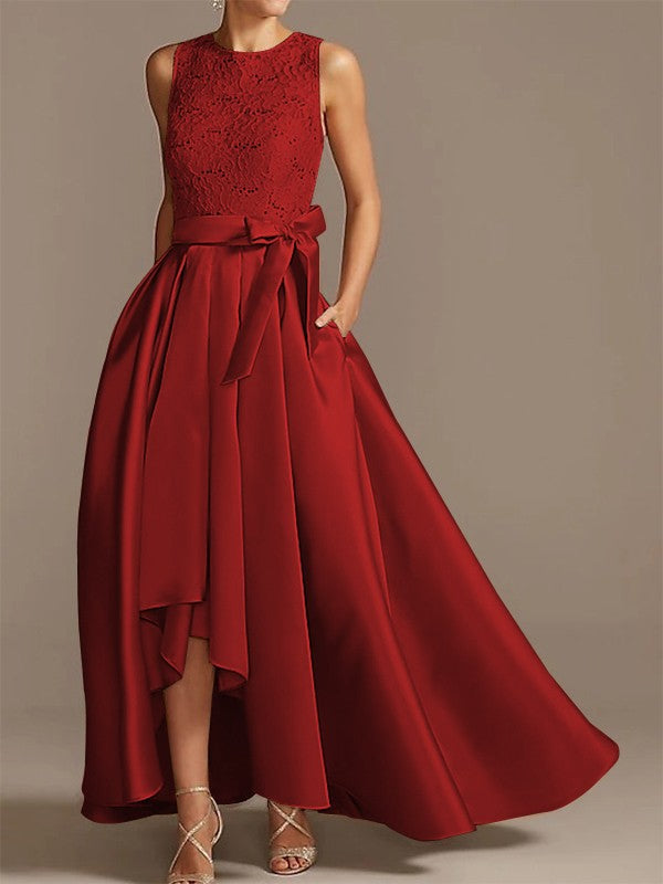 Noble A-shaped Princess Satin Belt, Ribbon Belt Applique Low Round Sleeveless Asymmetric Bride Mother of the Bride Dresses
