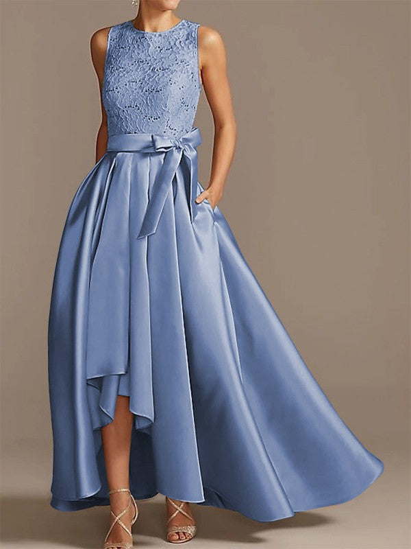 Noble A-shaped Princess Satin Belt, Ribbon Belt Applique Low Round Sleeveless Asymmetric Bride Mother of the Bride Dresses