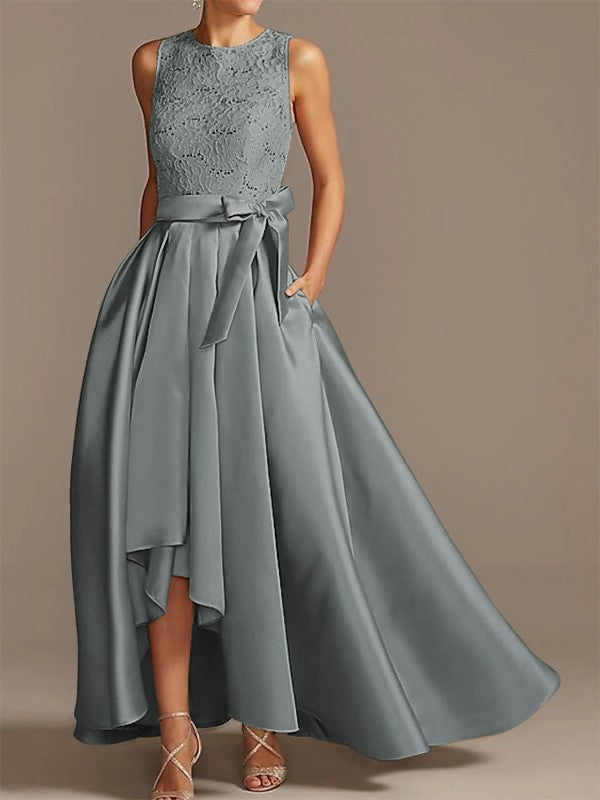 Noble A-shaped Princess Satin Belt, Ribbon Belt Applique Low Round Sleeveless Asymmetric Bride Mother of the Bride Dresses