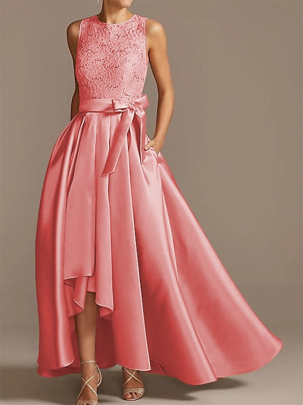Noble A-shaped Princess Satin Belt, Ribbon Belt Applique Low Round Sleeveless Asymmetric Bride Mother of the Bride Dresses
