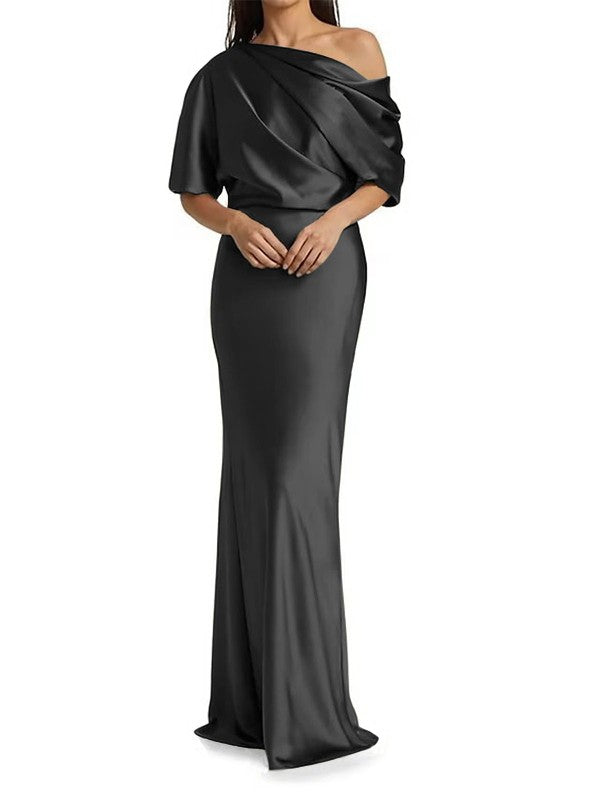 Elegant and tight fitting column shaped woven satin pleats on one shoulder 1/2 sleeves and floor length bridal Mother of the Bride Dresses