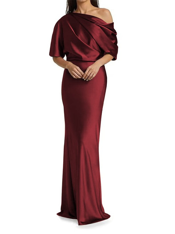 Elegant and tight fitting column shaped woven satin pleats on one shoulder 1/2 sleeves and floor length bridal Mother of the Bride Dresses