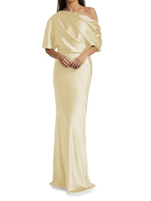 Elegant and tight fitting column shaped woven satin pleats on one shoulder 1/2 sleeves and floor length bridal Mother of the Bride Dresses