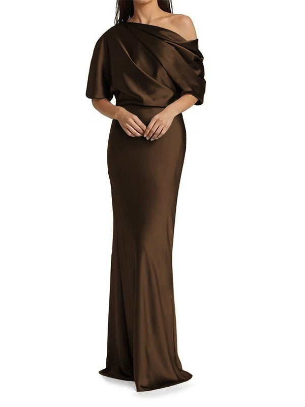 Elegant and tight fitting column shaped woven satin pleats on one shoulder 1/2 sleeves and floor length bridal Mother of the Bride Dresses