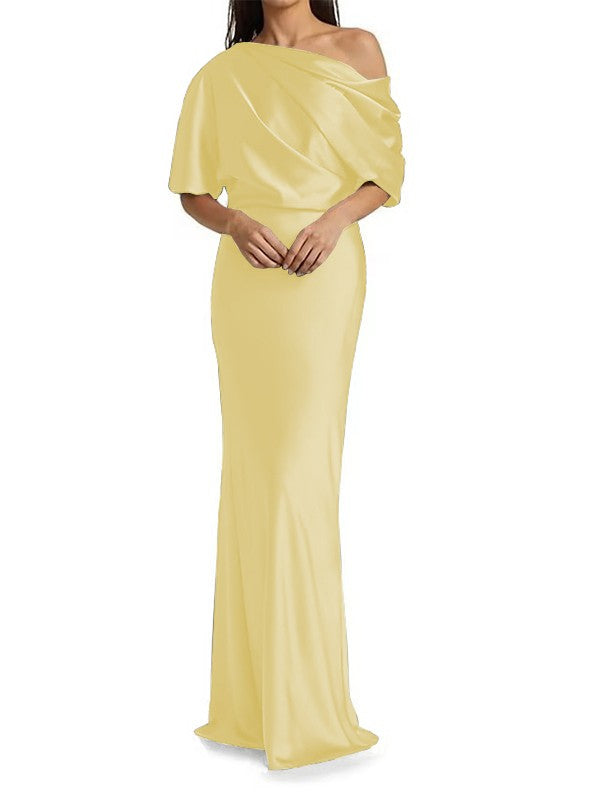 Elegant and tight fitting column shaped woven satin pleats on one shoulder 1/2 sleeves and floor length bridal Mother of the Bride Dresses