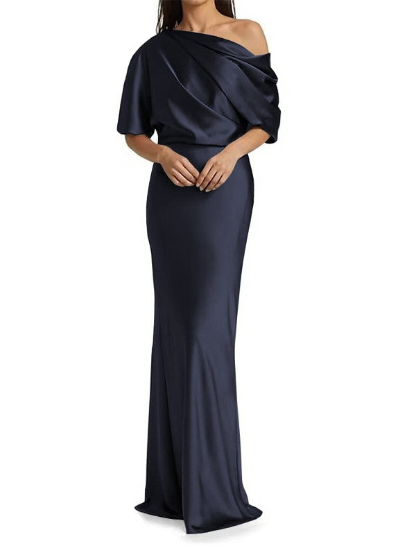 Elegant and tight fitting column shaped woven satin pleats on one shoulder 1/2 sleeves and floor length bridal Mother of the Bride Dresses