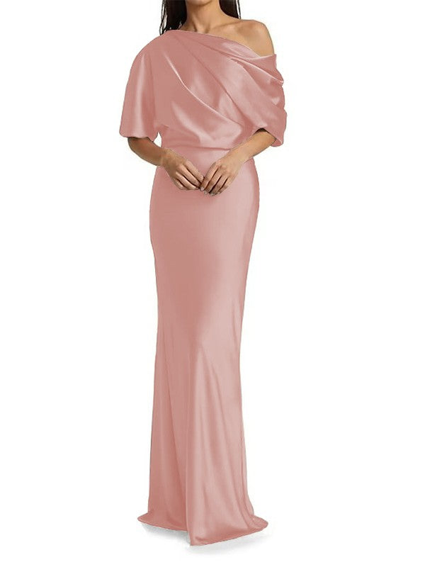 Elegant and tight fitting column shaped woven satin pleats on one shoulder 1/2 sleeves and floor length bridal Mother of the Bride Dresses