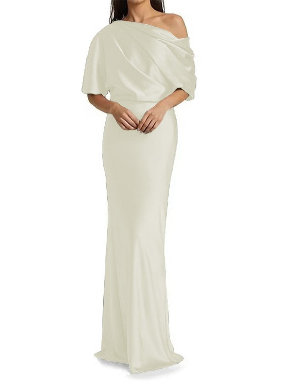 Elegant and tight fitting column shaped woven satin pleats on one shoulder 1/2 sleeves and floor length bridal Mother of the Bride Dresses