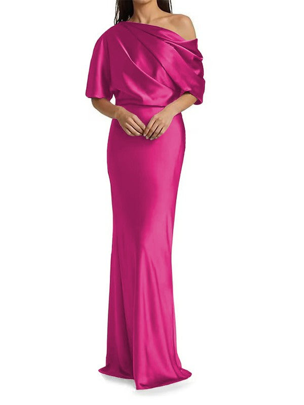 Elegant and tight fitting column shaped woven satin pleats on one shoulder 1/2 sleeves and floor length bridal Mother of the Bride Dresses