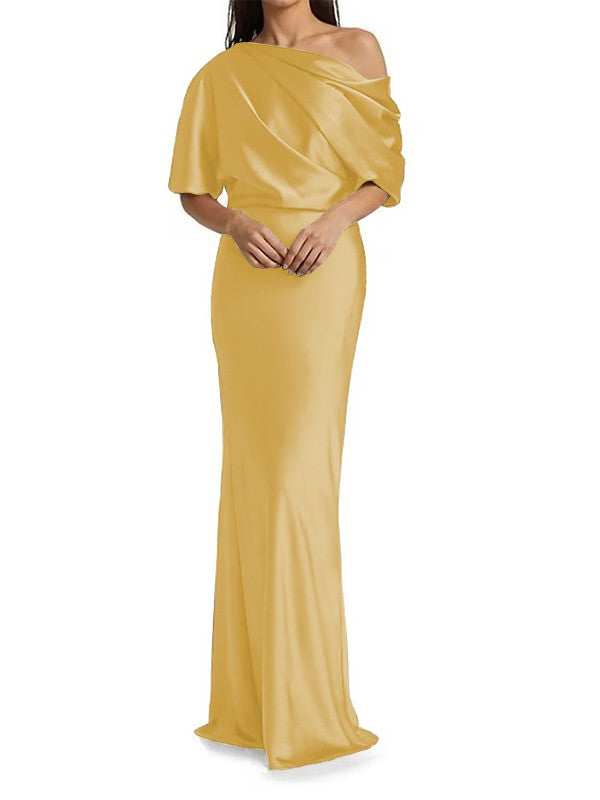 Elegant and tight fitting column shaped woven satin pleats on one shoulder 1/2 sleeves and floor length bridal Mother of the Bride Dresses