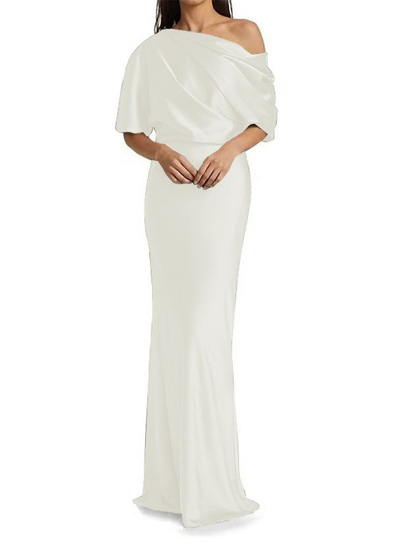 Elegant and tight fitting column shaped woven satin pleats on one shoulder 1/2 sleeves and floor length bridal Mother of the Bride Dresses