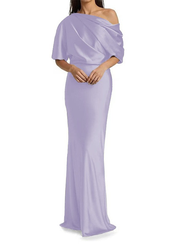 Elegant and tight fitting column shaped woven satin pleats on one shoulder 1/2 sleeves and floor length bridal Mother of the Bride Dresses