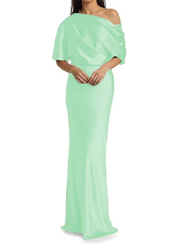 Elegant and tight fitting column shaped woven satin pleats on one shoulder 1/2 sleeves and floor length bridal Mother of the Bride Dresses
