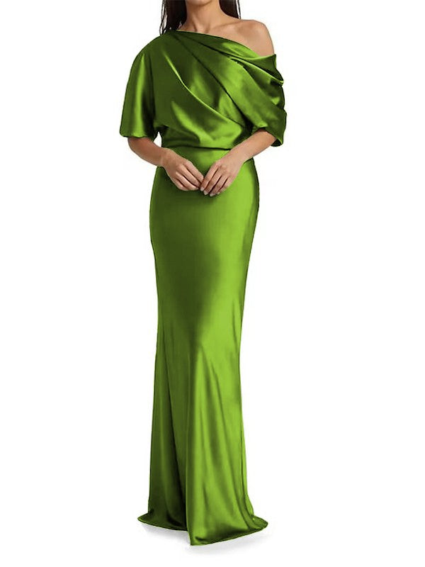 Elegant and tight fitting column shaped woven satin pleats on one shoulder 1/2 sleeves and floor length bridal Mother of the Bride Dresses
