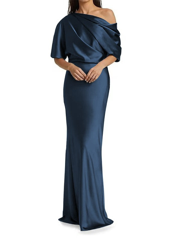 Elegant and tight fitting column shaped woven satin pleats on one shoulder 1/2 sleeves and floor length bridal Mother of the Bride Dresses