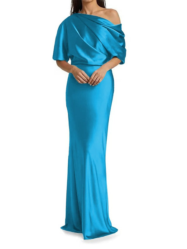 Elegant and tight fitting column shaped woven satin pleats on one shoulder 1/2 sleeves and floor length bridal Mother of the Bride Dresses