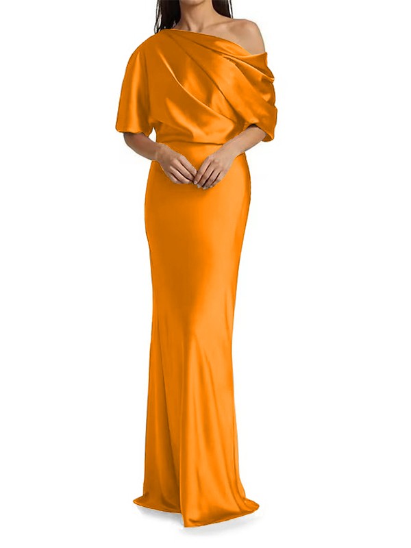 Elegant and tight fitting column shaped woven satin pleats on one shoulder 1/2 sleeves and floor length bridal Mother of the Bride Dresses