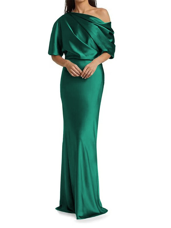 Elegant and tight fitting column shaped woven satin pleats on one shoulder 1/2 sleeves and floor length bridal Mother of the Bride Dresses