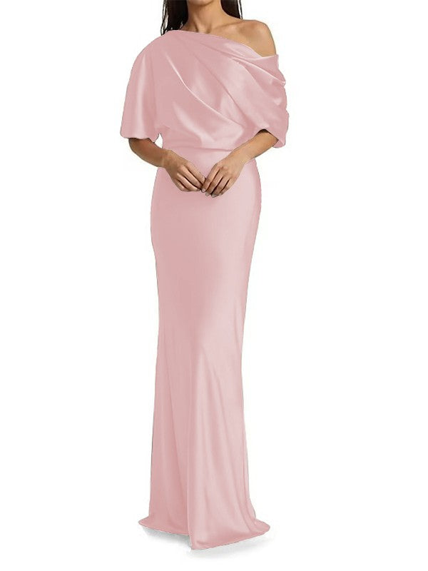 Elegant and tight fitting column shaped woven satin pleats on one shoulder 1/2 sleeves and floor length bridal Mother of the Bride Dresses