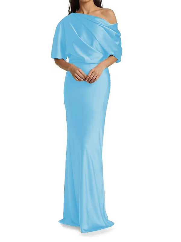 Elegant and tight fitting column shaped woven satin pleats on one shoulder 1/2 sleeves and floor length bridal Mother of the Bride Dresses